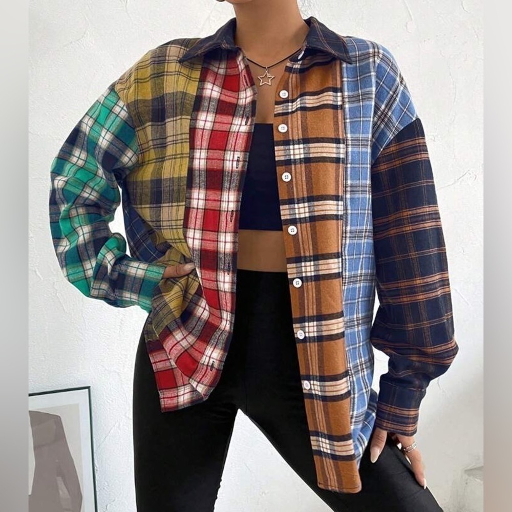 Plaid colorful long sleeve T-shirt size medium/small/large - Picture 4 of 5